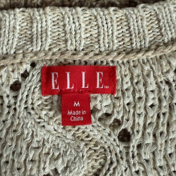 ELLE Crew Neck Elbow Sleeve Textured Knit Tunic Sweater, Sz M, Oatmeal/Gold - Picture 6 of 10
